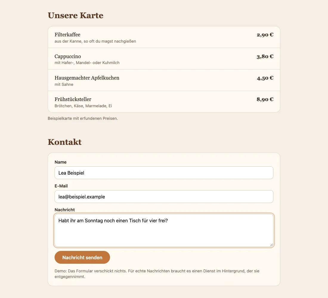 Speisekarte mit Preisen und ausgefülltes Kontaktformular der Café-Website